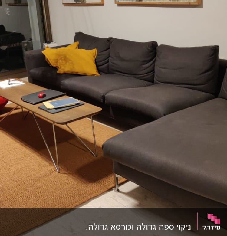 ספה אפורה עם כרית צהובה ושולחן קטן